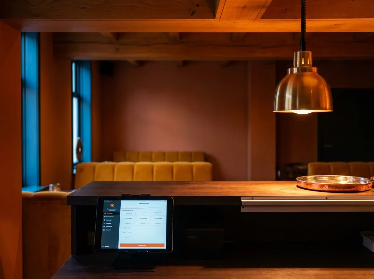 Interieur van Indian Barbecue Hilversum — warme tungsten verlichting, pass counter bij gouden uur